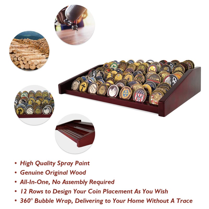 ASmileIndeep 12 Rows Military Challenge Coin Holder Display Case Holds 90-100 Coins, Solid Wood Army Coin Rack Display Stand for Desktop, Mahogany - Image 3
